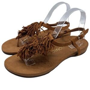 Vionic Womens Shoes Sosha Sandals Brown Leather Fringe Flat Comfort T-Strap Sz 8